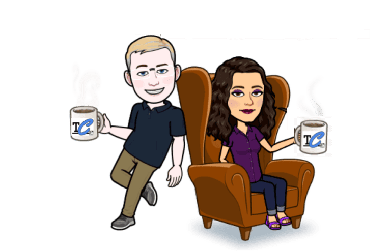 boy bitmoji drinking coffee leaning against chair with girl bitmoji sitting in it drinking coffee