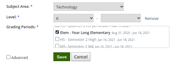 Showing year long grading period as being selected