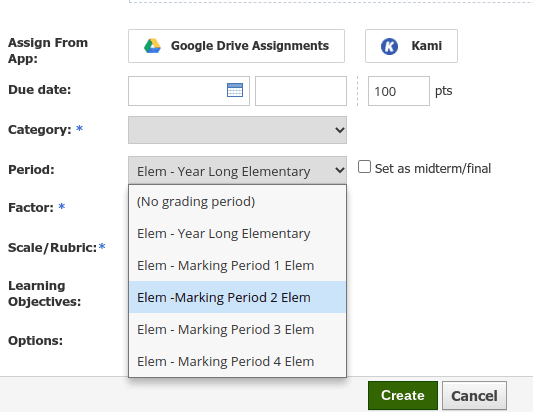 screenshot of where to choose the marking period 2 choice, under the period dropdown menu