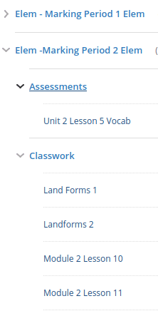 drop down menu of assignments and assessments from marking period 2