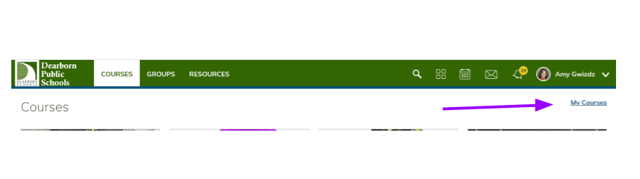 screenshot of where to find My Courses, in the upper right corner of the Courses page.