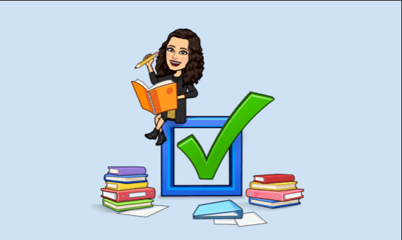 amy's bitmoji checking off things in a book while sitting on a large checkbox and is surrounded by books