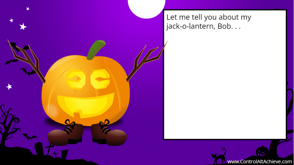 jack o lantern with stick arms and a happy carved face on a purple, nighttime background